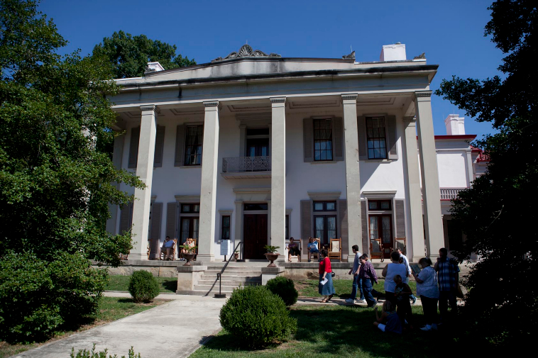 Visitors gather for a tour at Belle Meade Plantation in the Belle Meade neighborhood of Nashville, Tennessee.