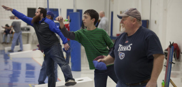 Teams particpate in the weekly cornhole league at the Barren County Parks and Recreation center in Glasgow, Kentucky.