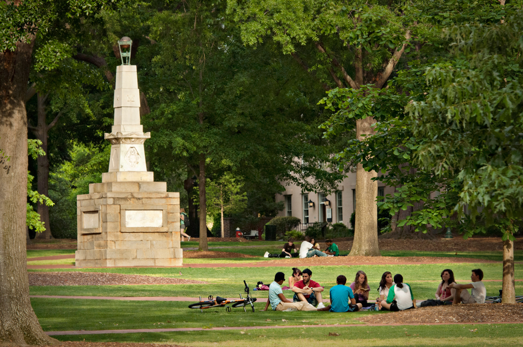 Students relaxing and having fun on the historic Horseshoe at the University of South Carolina.