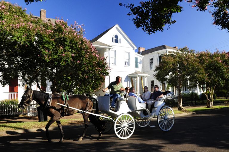 A horse drawn carriage takes a family past a historic home in Natchez, MS.