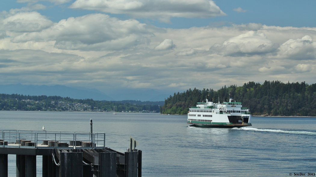 A Washington State Ferry crosses the waters in Issaquah, Washington.