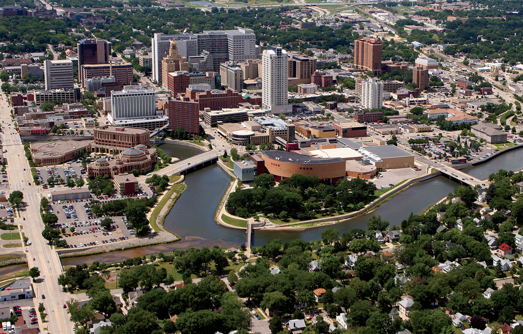 Aerial view of Rochester, MN, showing the Zumba River