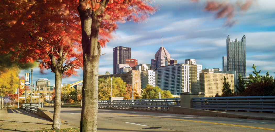 Pittsburgh skyline behind a tree with red leaves.