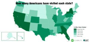 A map based on a data survey of many states has an average American visited