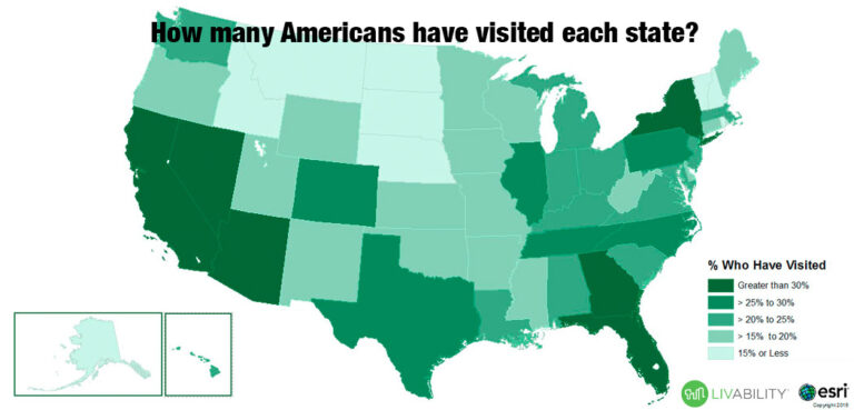 A map based on a data survey of many states has an average American visited