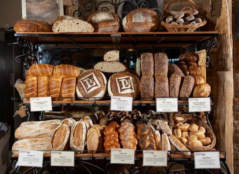 A rack of bread at La Farm Bakery in Raleigh