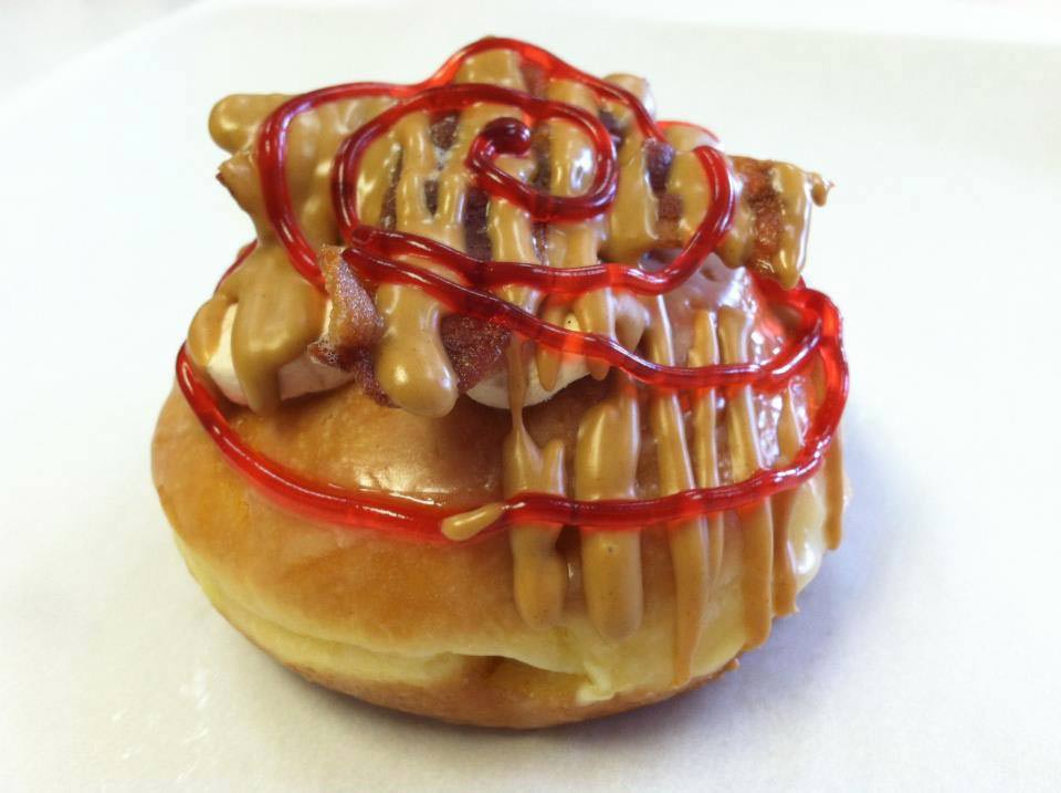 The Dead Elvis is a cream-filled concoction with bananas, bacon, peanut butter and jelly and served at Psycho Donuts in California.