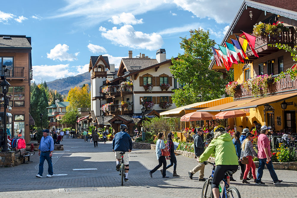 Summertime in the historic Vail Village in Vail, CO.