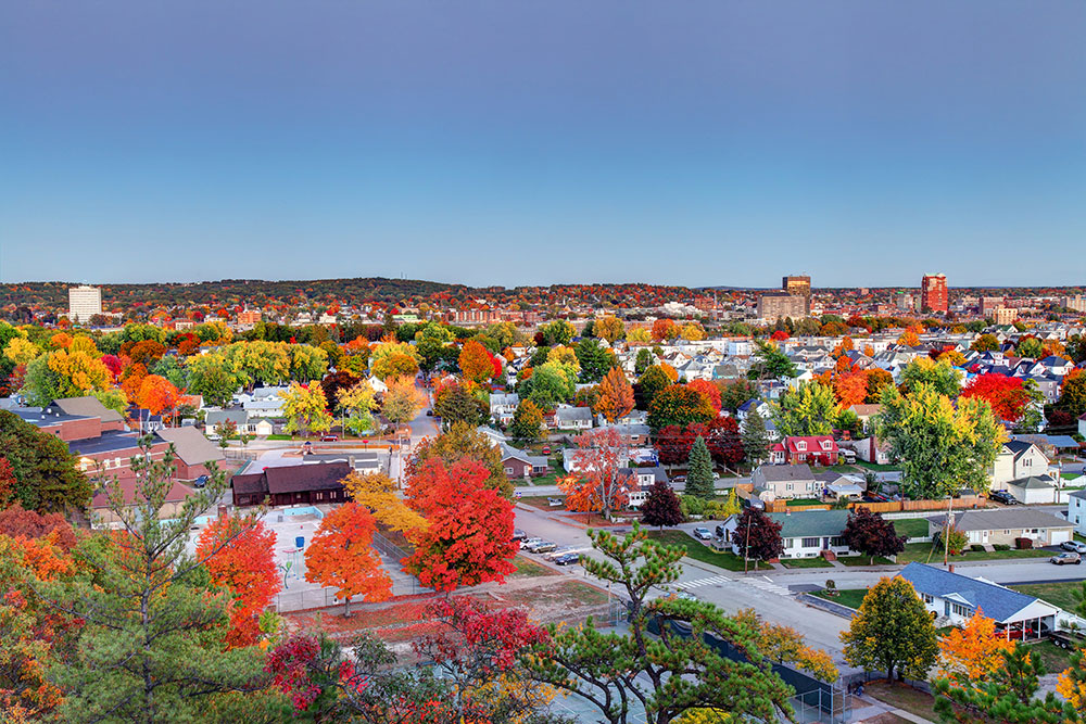 Aerial shot of Manchester, NH, during the fall.