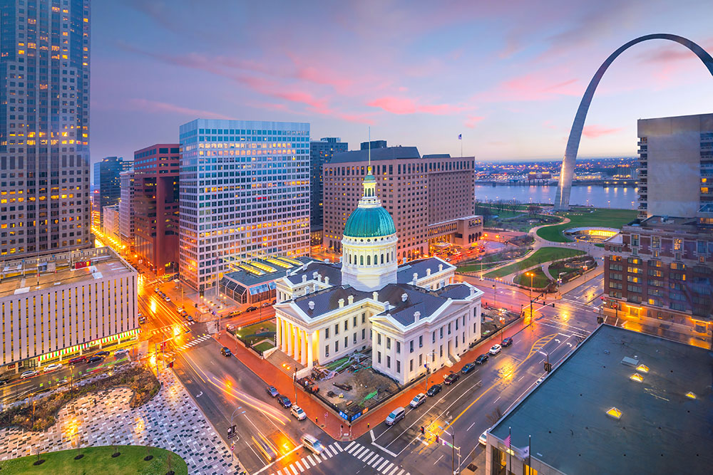 Downtown St. Louis, MO, at night.