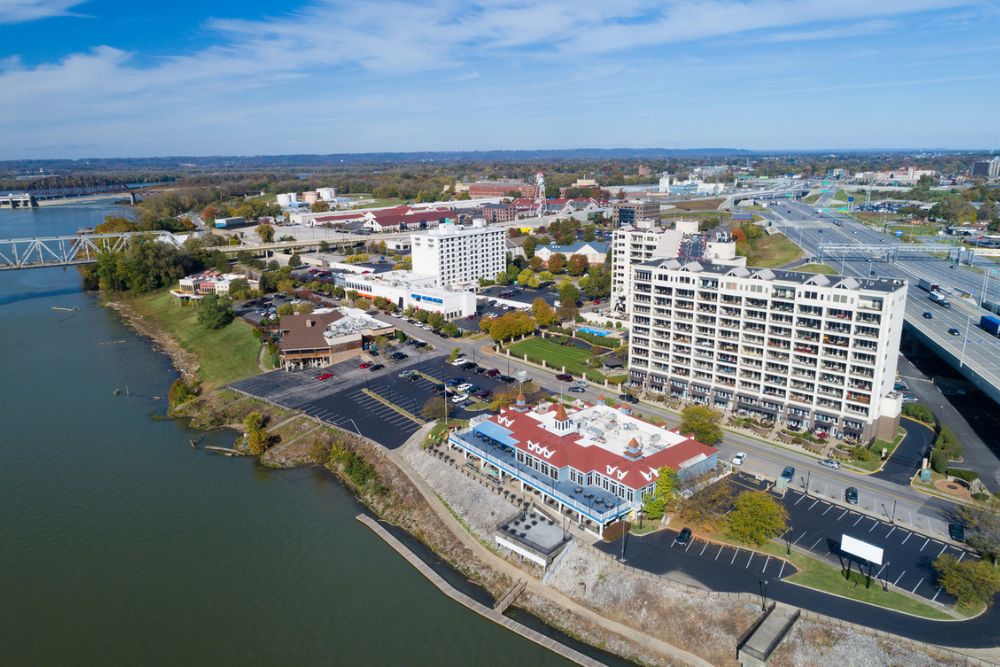 Clarksville, Indiana, waterfront aerial, including restaurants and hotels, and the shore of the Ohio River (just across from Louisville, Kentucky.) Clarksville is part of the Louisville metropolitan area.