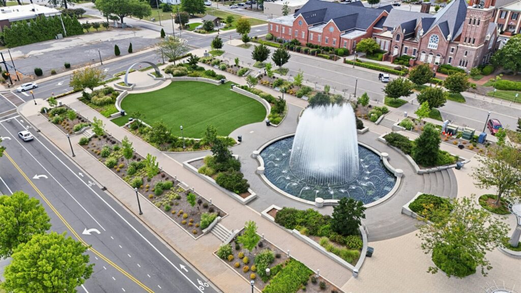 Aerial view of Fountain Park in downtown Rock Hill