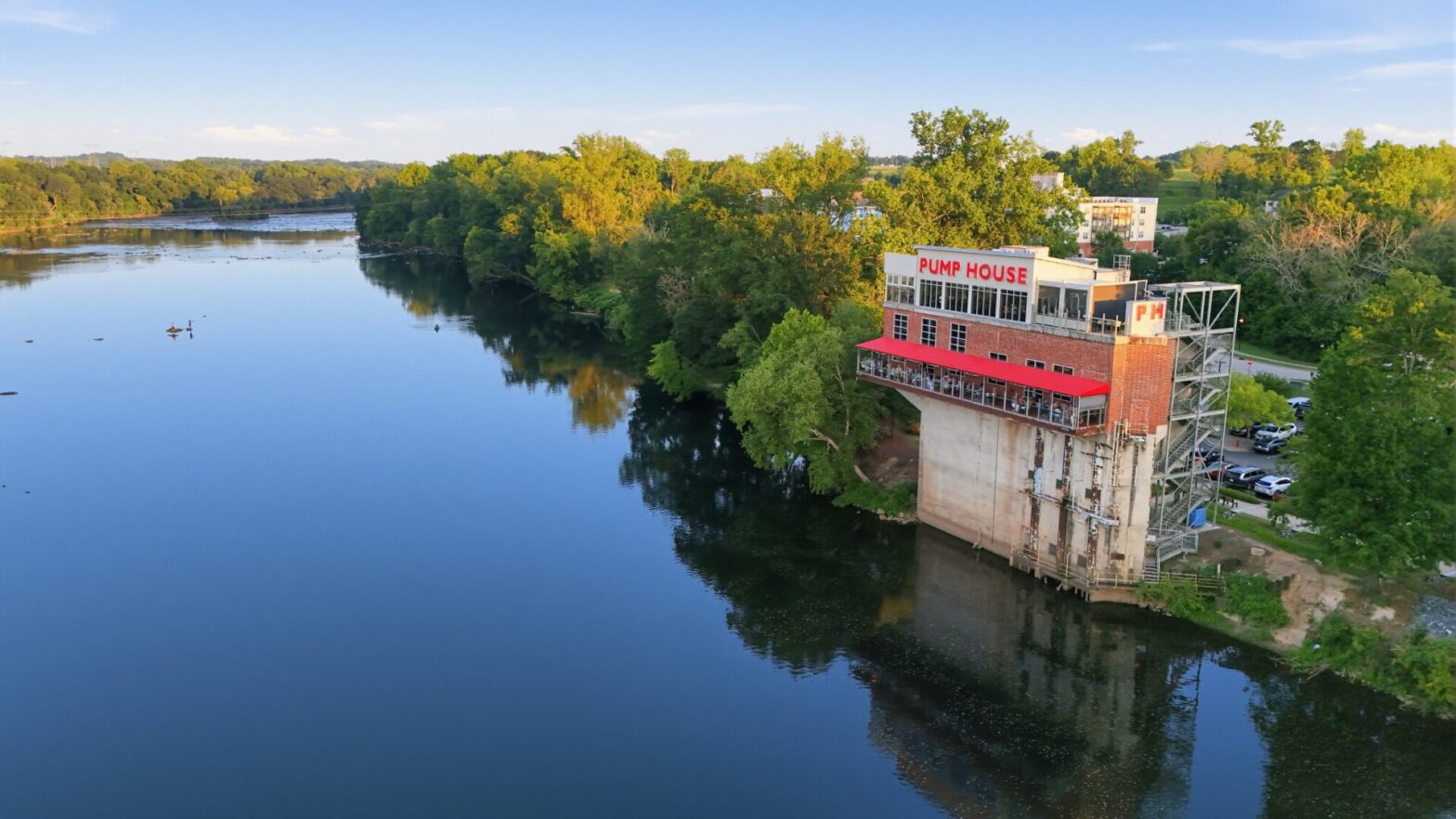 The multi-level restaurant and rooftop bar located directly on the Catawba River called The Pump House