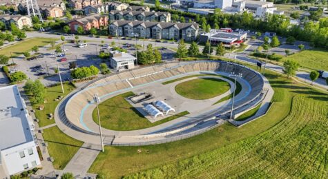 Aerial view of the steep banks of the Giordana Velodrome!