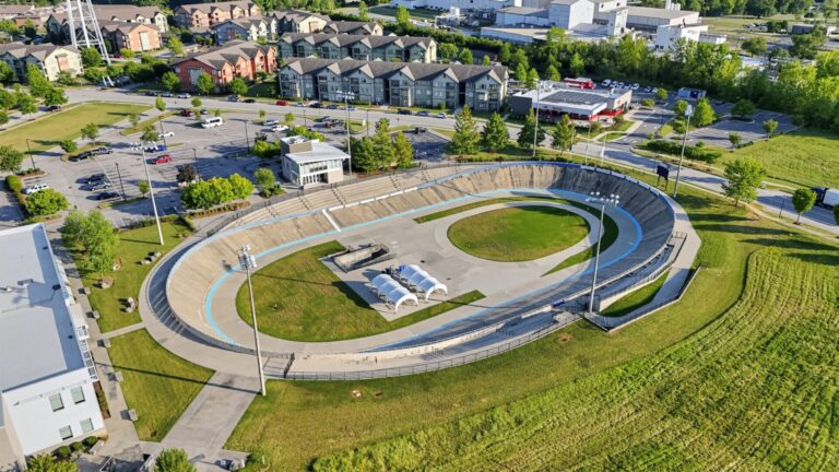 Aerial view of the steep banks of the Giordana Velodrome!
