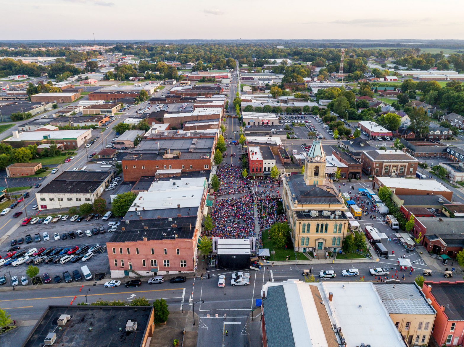 Aerial shot of people gathered in downtown Springfield TN