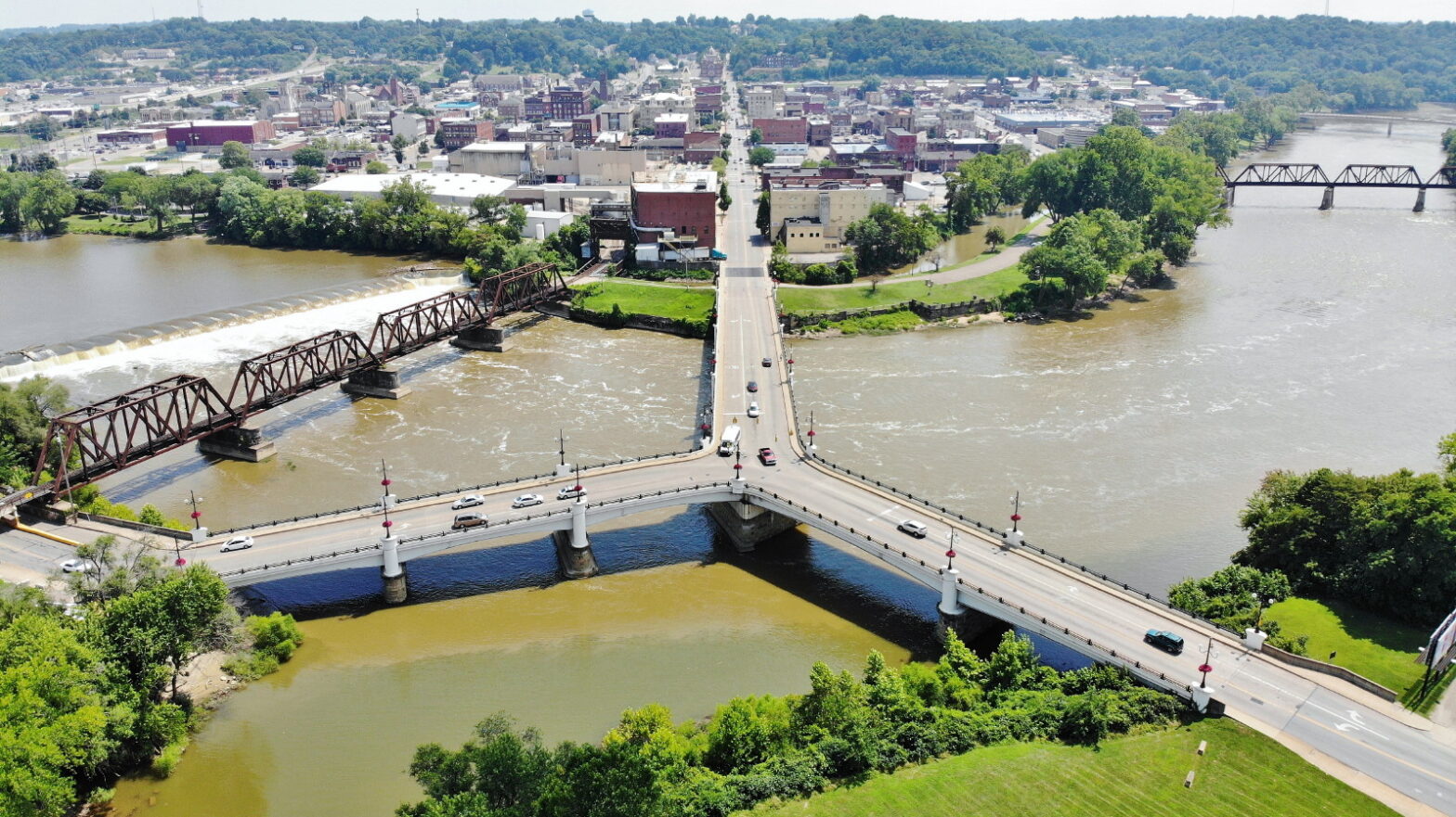 Aerial shot of the Y Bridge in Zanesville, Ohio.