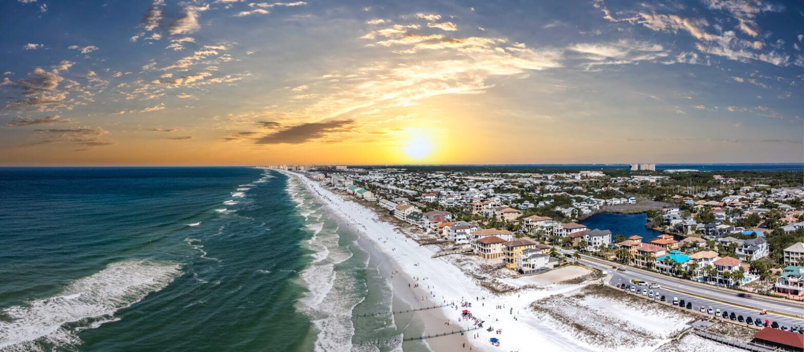 Sunset over Destin, FL overlooking the Beach and shoreline