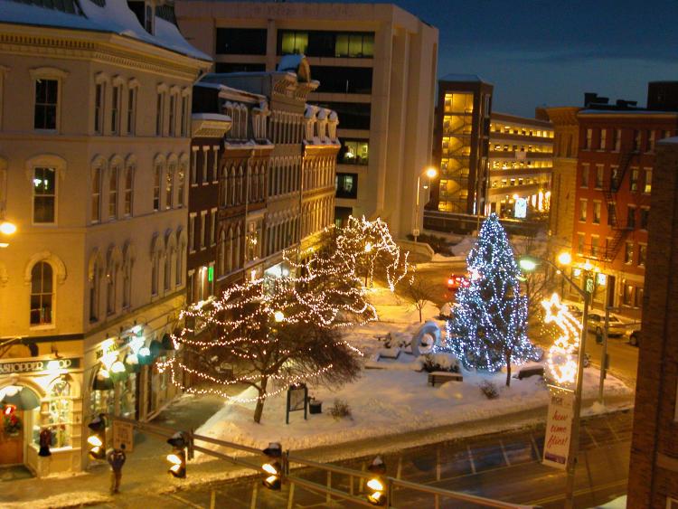 Areas like the West Market Square in Bangor, ME become wonderlands in winter.