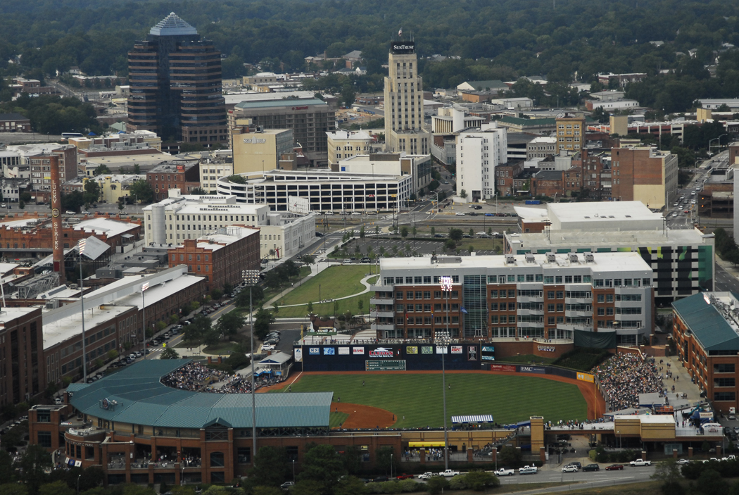 Downtown Durham, North Carolina skyline as seen from Durham Bulls Athletic Park.