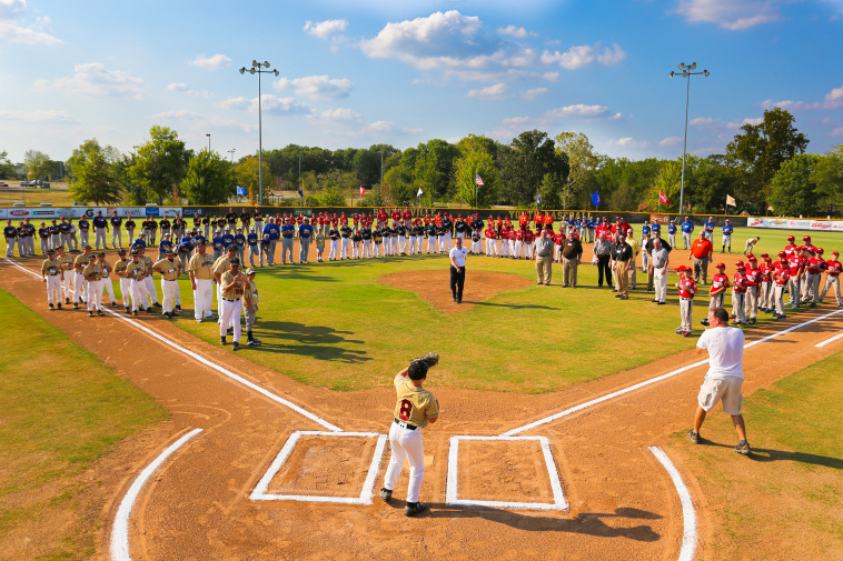 Kids play youth baseball in Bentonville, Arkansas.