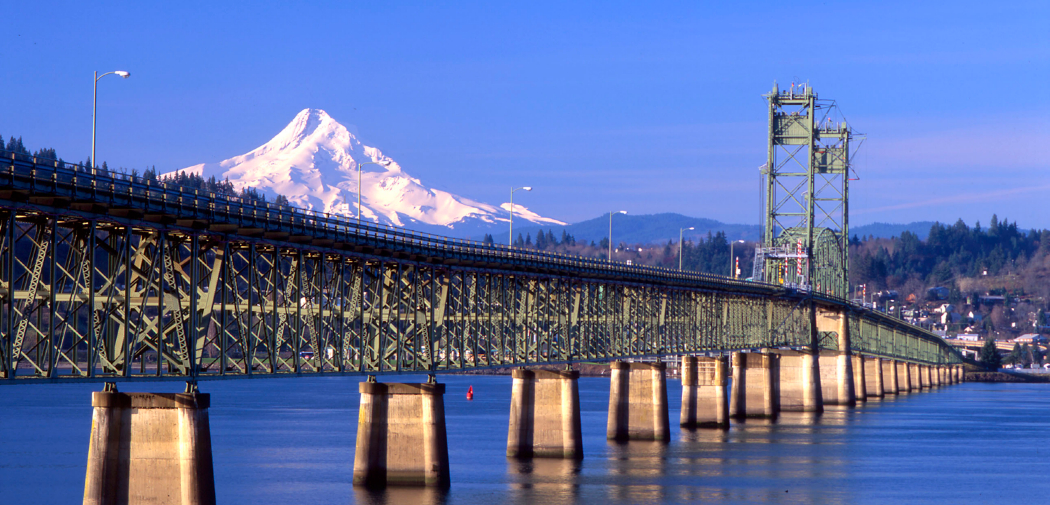 The Hood River-White Salmon Bridge stretches across the Columbia River, which draws kiteboarders and windsurfers.