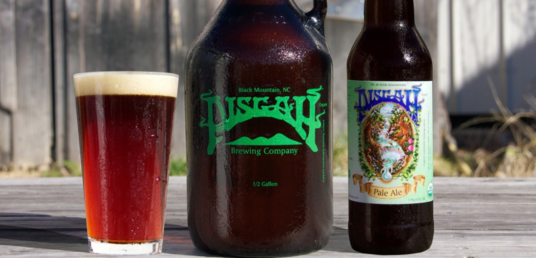 Pisgah Brewing Company pint glass, growler and bottle