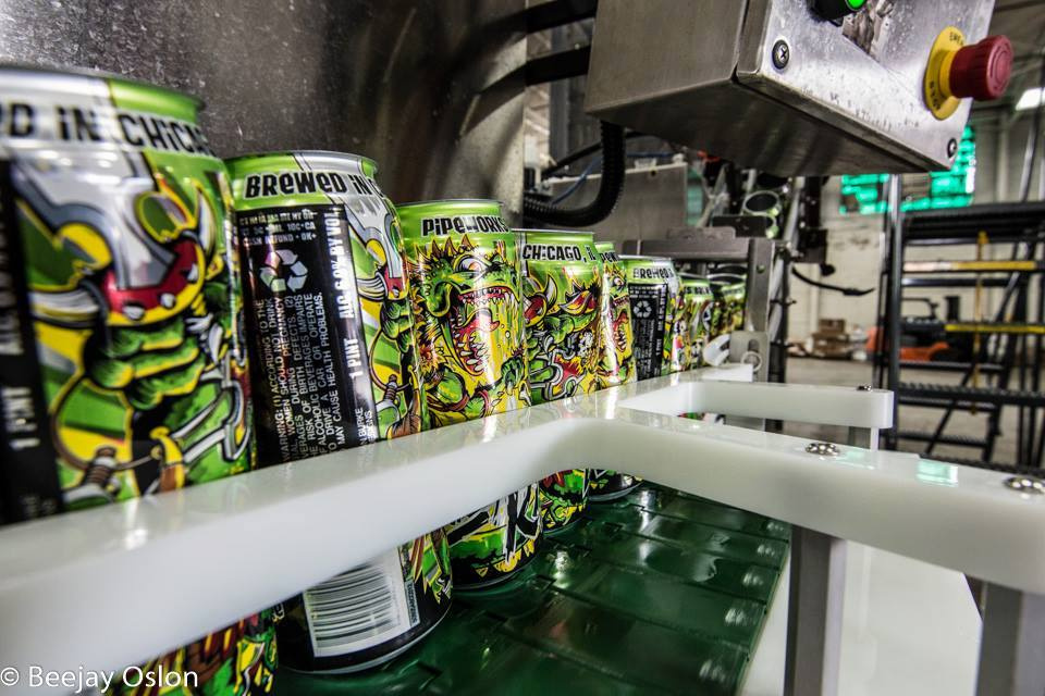 Beers being canned at Pipeworks Brewing Co. in Chicago, IL.