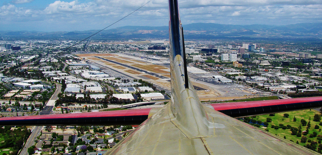 Looking out the cockpit, an aerial view of Santa Ana, CA.