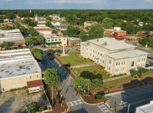 aerial of downtown Perry, which is home to several businesses in the robins region