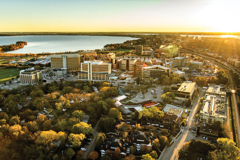 Aerial view of the University of Wisconsin-Madison. Madison is one of the best college towns to settle down in after graduation.