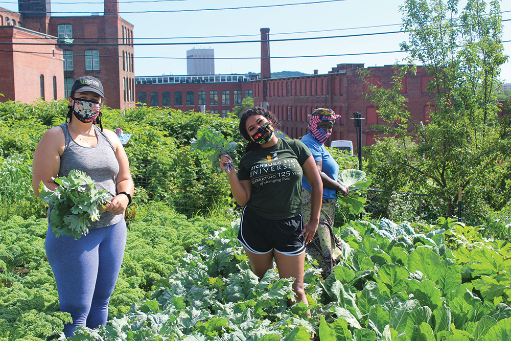 Two women work in a community garden for the Food Hub in Worcester MA