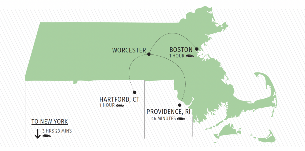 Map of Worcester MA's proximity to major cities in the northeast