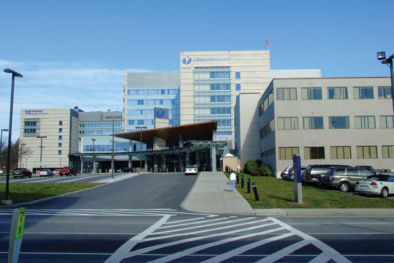 Exterior shot of the UMass Worcester Medical School Hospital building