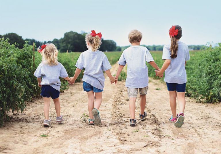 kids holding hands while walking through field