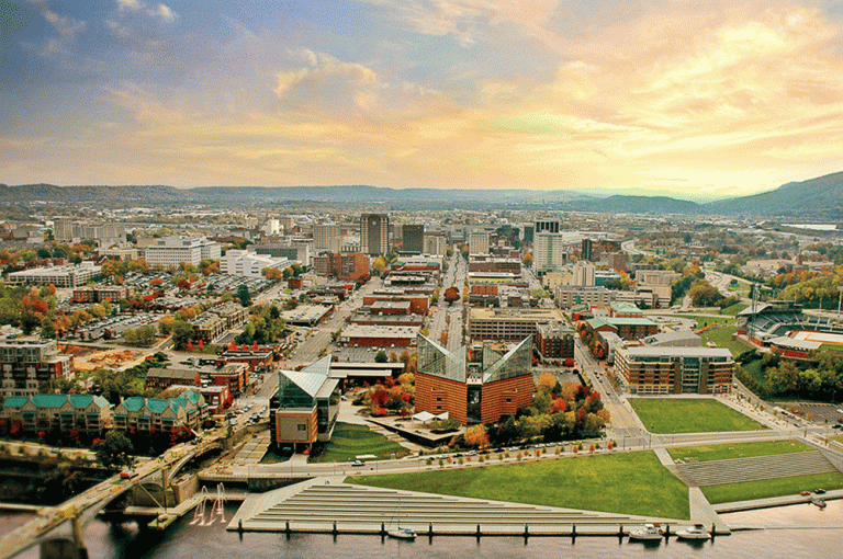 Downtown aerial shot over Chattanooga TN