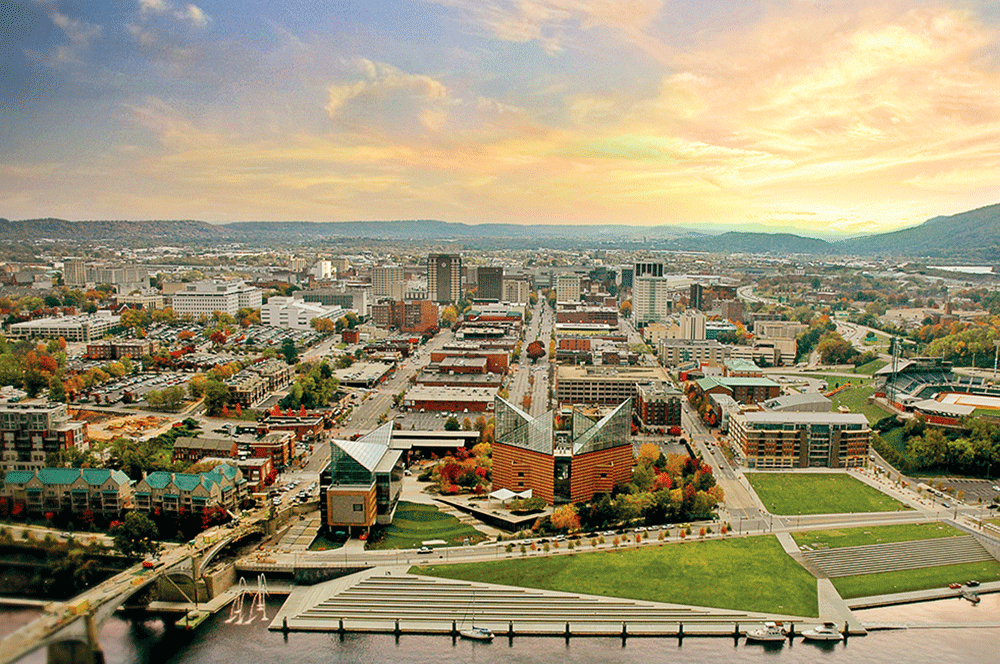 Downtown aerial shot over Chattanooga TN