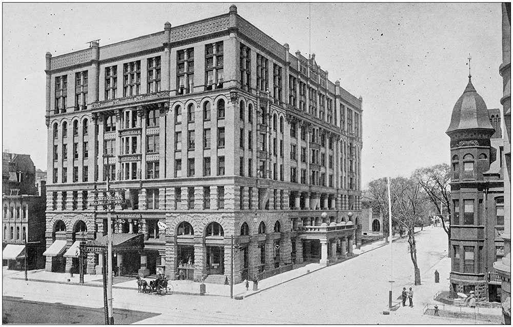 Antique black and white exterior photo of Milwaukee, Wisconsin: Hotel Pfister
