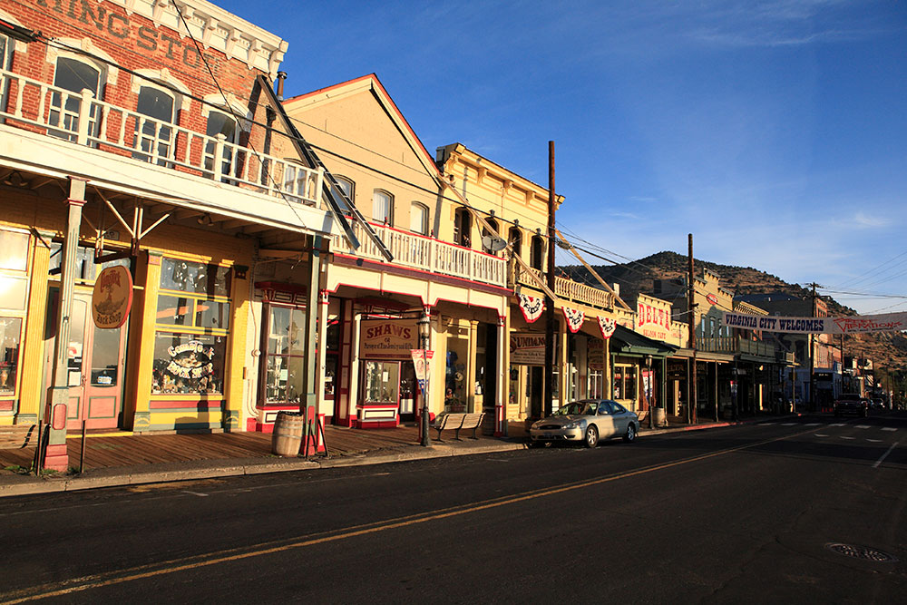 Virginia City, Nevada - Sep 17, 2017: The downtown area with overhang is over 100 years old.