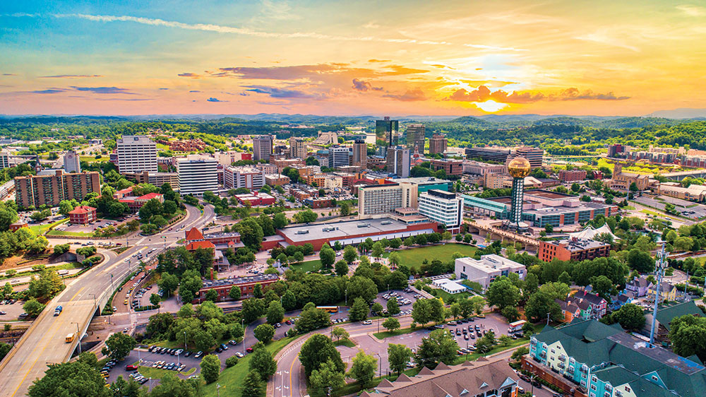 Knoxville TN aerial shot of downtown