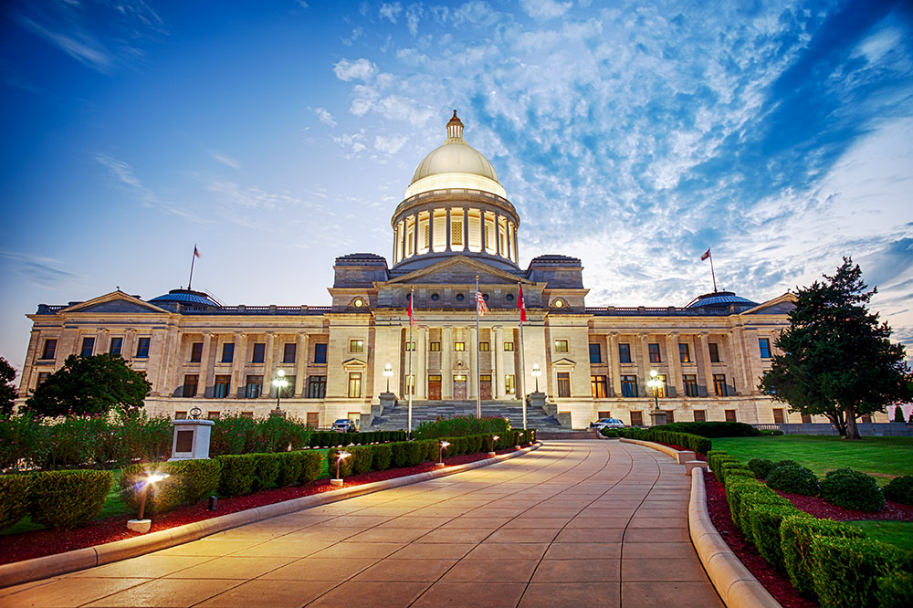 The Arkansas State Capitol building in the evening in Little Rock, Arkansas.