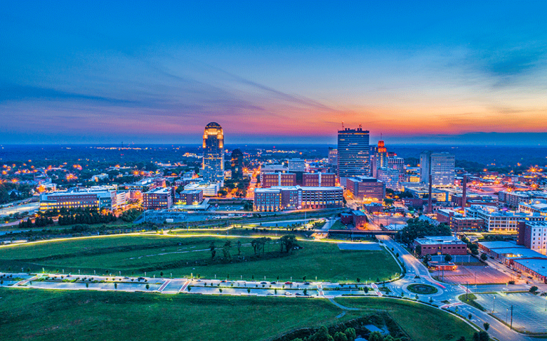 Winston-Salem North Carolina NC Downtown Skyline Aerial at Sunset.