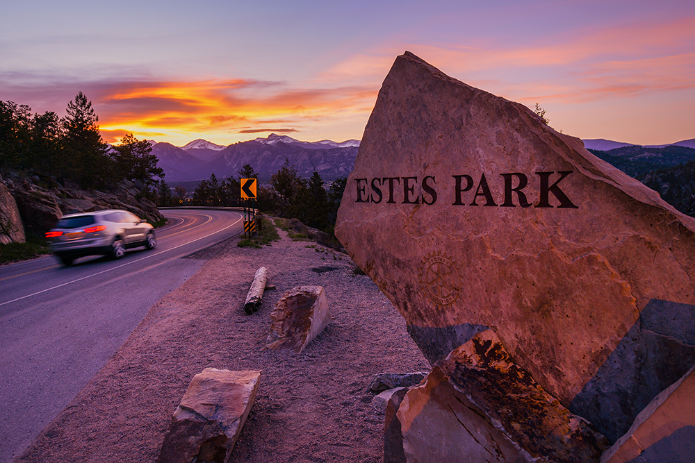 Estes Park. Highway 36 Entrance Sign at Sunset. Estes Park, Colorado, United States