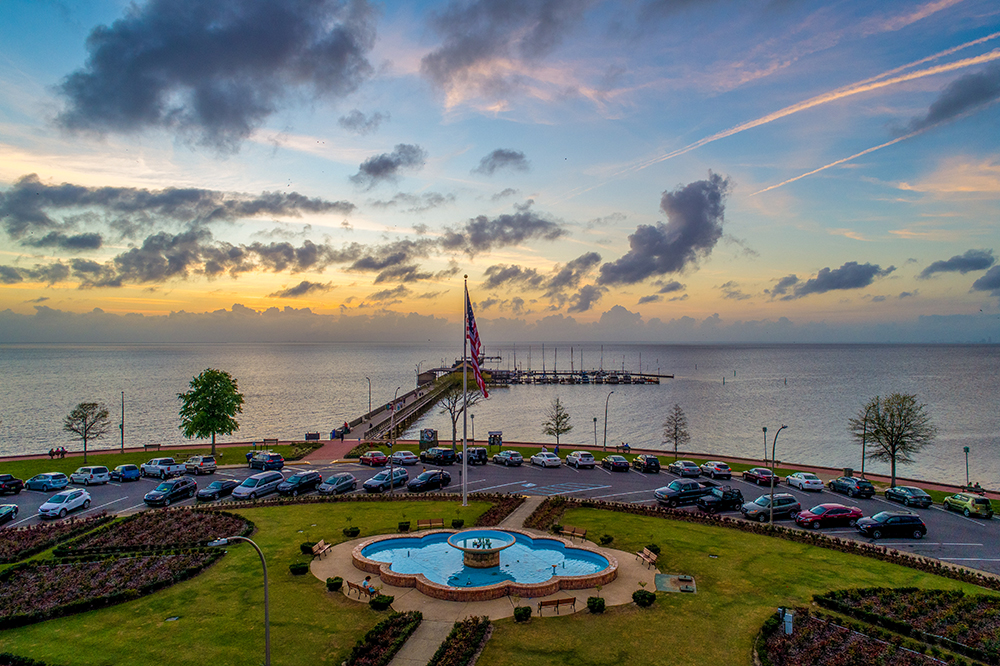 The Fairhope pier and Mobile Bay at sunset on the Alabama Gulf Coast