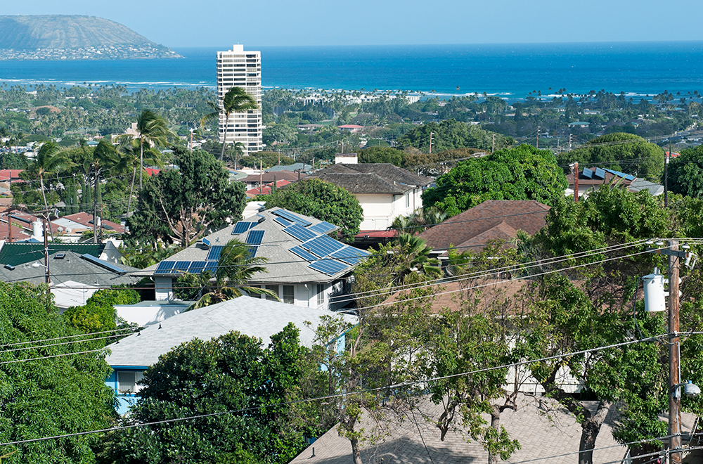 View over Honolulu neighborhood across bay toward Koko Head HI. 