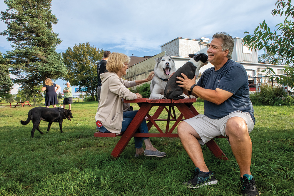 Ana Kufta, left, and Bill Sergakis talk at a bench as Apollo and Roxy sit between them at the Muskegon Petsafe Dog Park . ©Journal Communications/Nathan Lambrecht