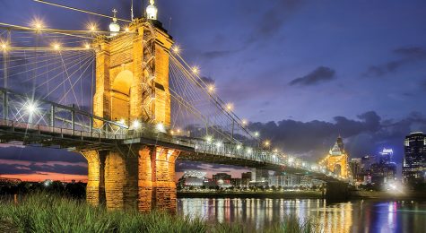 Roebling Bridge lit up at night in the Northern Kentucky region.