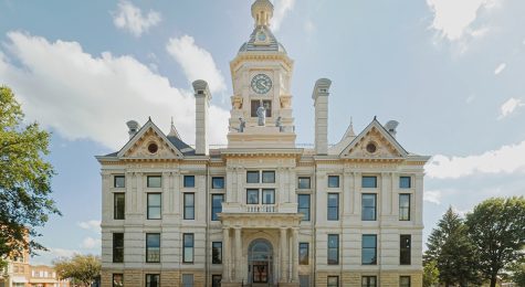The beautiful Marshall County, Iowa courthouse as seen in 2017. This majestic building was designed by the same firm as the Iowa State Capitol building and was completed in 1886. This building was damaged by a tornado on July 19, 2018 which destroyed the cupola, damaged the roof, and blew out windows.