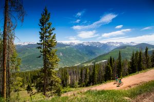 A pair of mountain bikers ride up a dirt path on a sunny summer day in Vail, Colorado.