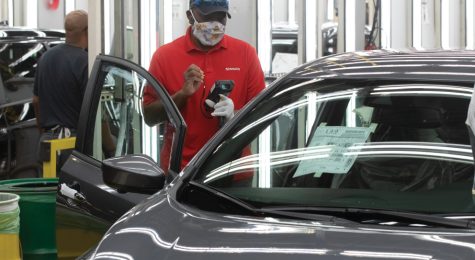 Nissan Leaf electric vehicles are inspected at the end of the production line at the Nissan Smyrna manufacuring plant in Smyrna, Tennessee